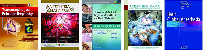 "A collage of five textbook covers related to anesthesia"