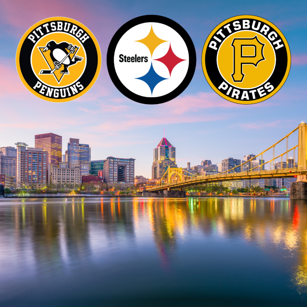 Pittsburgh skyline with sports team logos