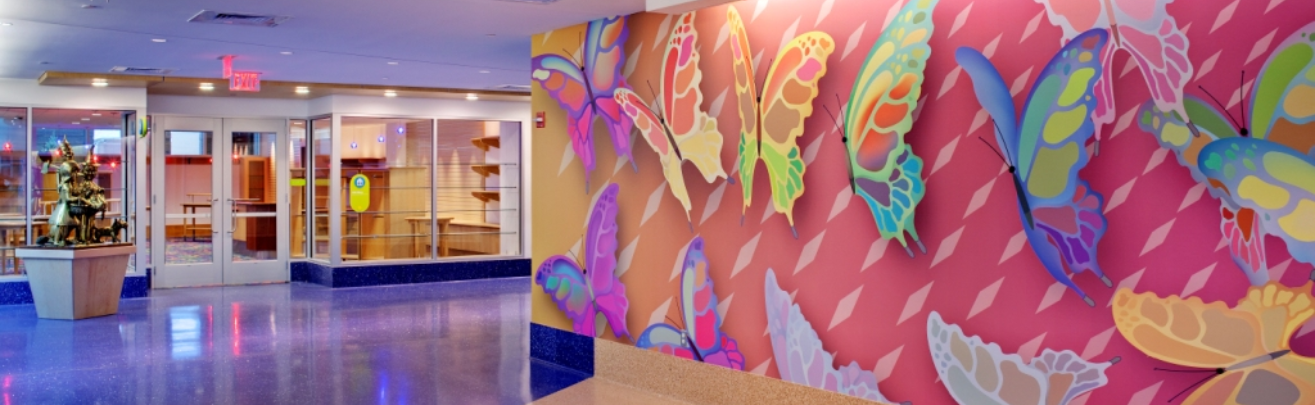 interior of the Children's Hospital of Pittsburgh featuring a wall decorated with butterflies